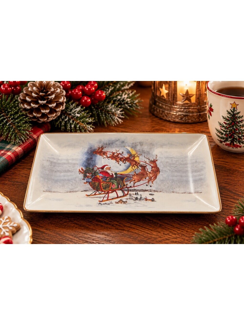 Pottery Barn Nostalgic Christmas Santa Sleigh Reindeer Tray 9" Discontinued
